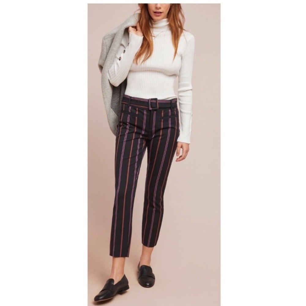 Anthropologie Essential Slim Trousers Women's 12 Cream Pinstripe Ankle Pants